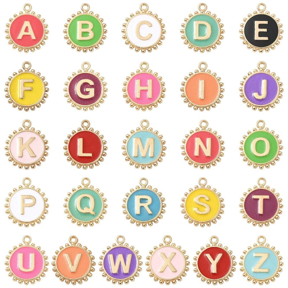 3937 52Pcs 26 Styles Colorful A to Z Letter Charms Golden Round Initial